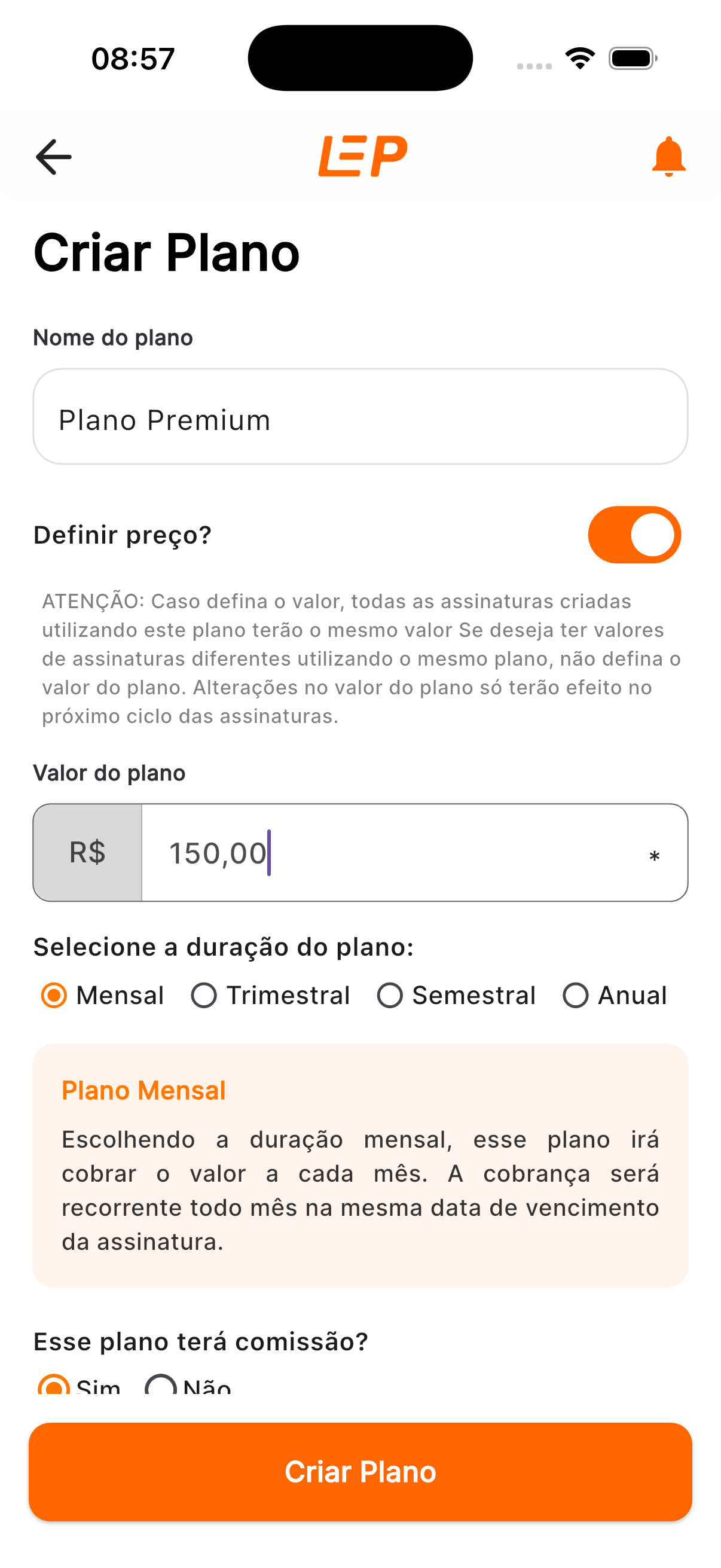 Formulário de criação de plano no LEP App com nome, valor, duração e comissão
