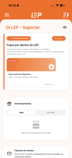 Tela inicial do app LEP