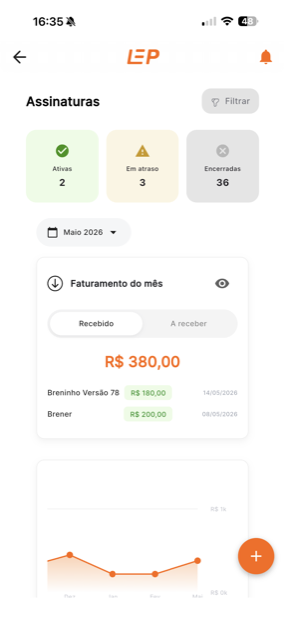 Tela de assinaturas do app LEP